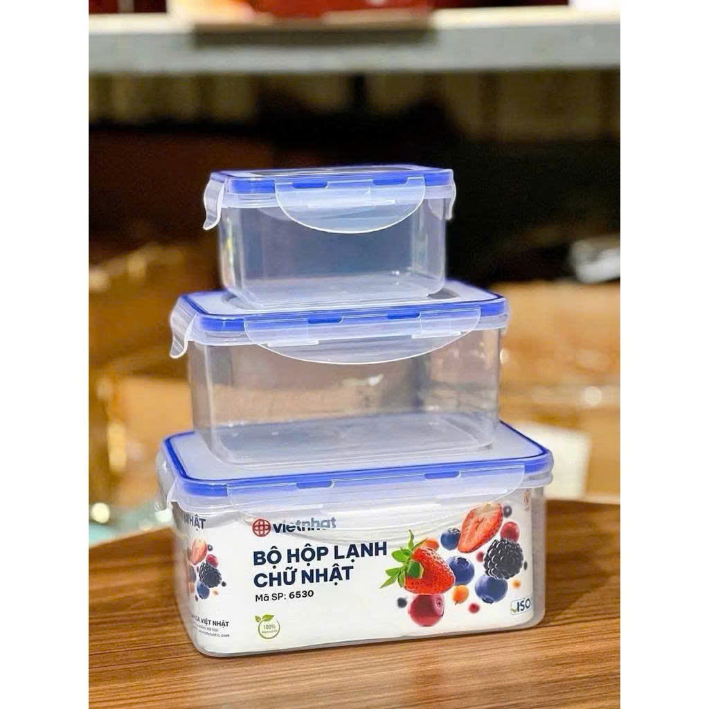 Bộ 3 hộp lạnh đựng thực phẩm VIỆT NHẬT – Có nắp, trong suốt – Đựng đồ ăn để tủ lạnh – 6530