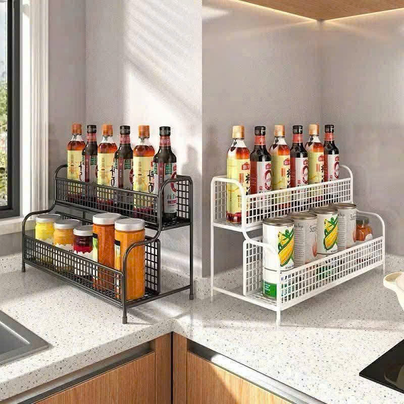 Kệ gia vị lưới 2 tầng để bàn bếp, kệ mỹ phẩm decor bằng thép sơn tĩnh điện chống rỉ tiện lợi