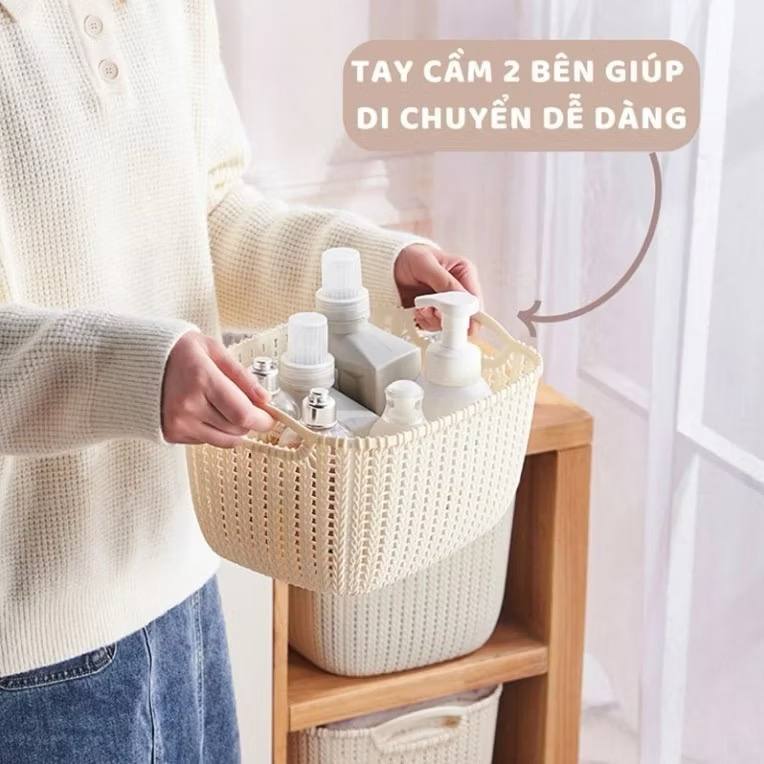 Giỏ Đan Mây Nhựa 20cm Màu Kem Có Quai Cầm
